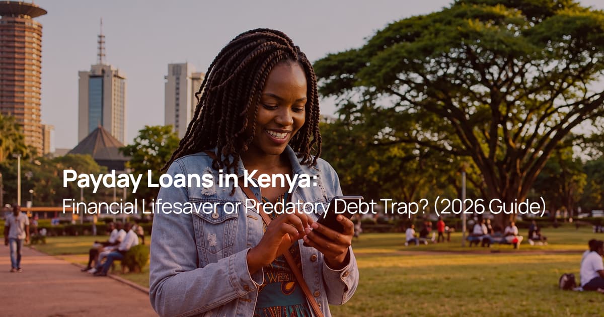 Young Kenyan woman using a smartphone in Nairobi, illustrating payday loans and digital borrowing in Kenya.