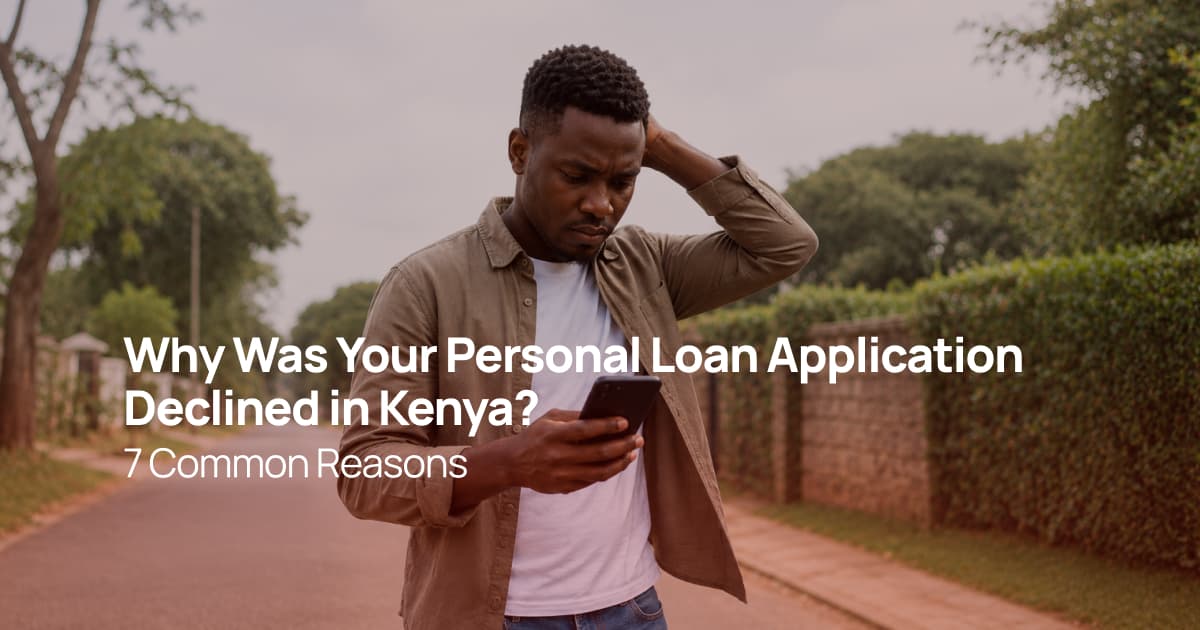 A Kenyan man checking his phone with a concerned expression after reviewing a personal loan application.